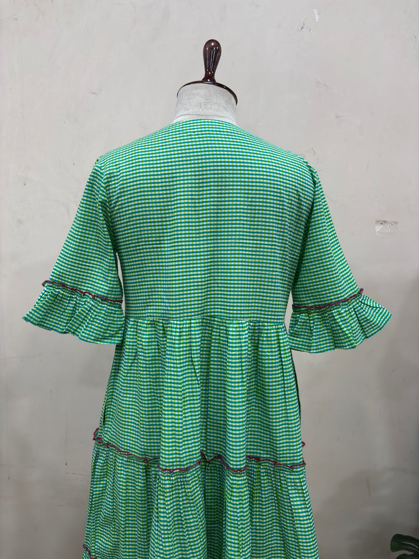 Green Gingham Tiered Midi Dress
