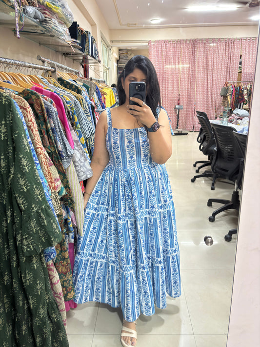Blue & White Floral Print Tiered Maxi Dress