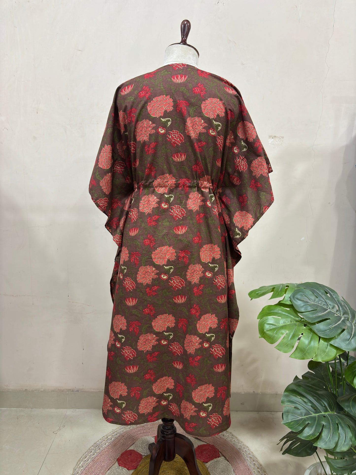 Floral Brown Kaftan Dress with Tassel Waist Tie