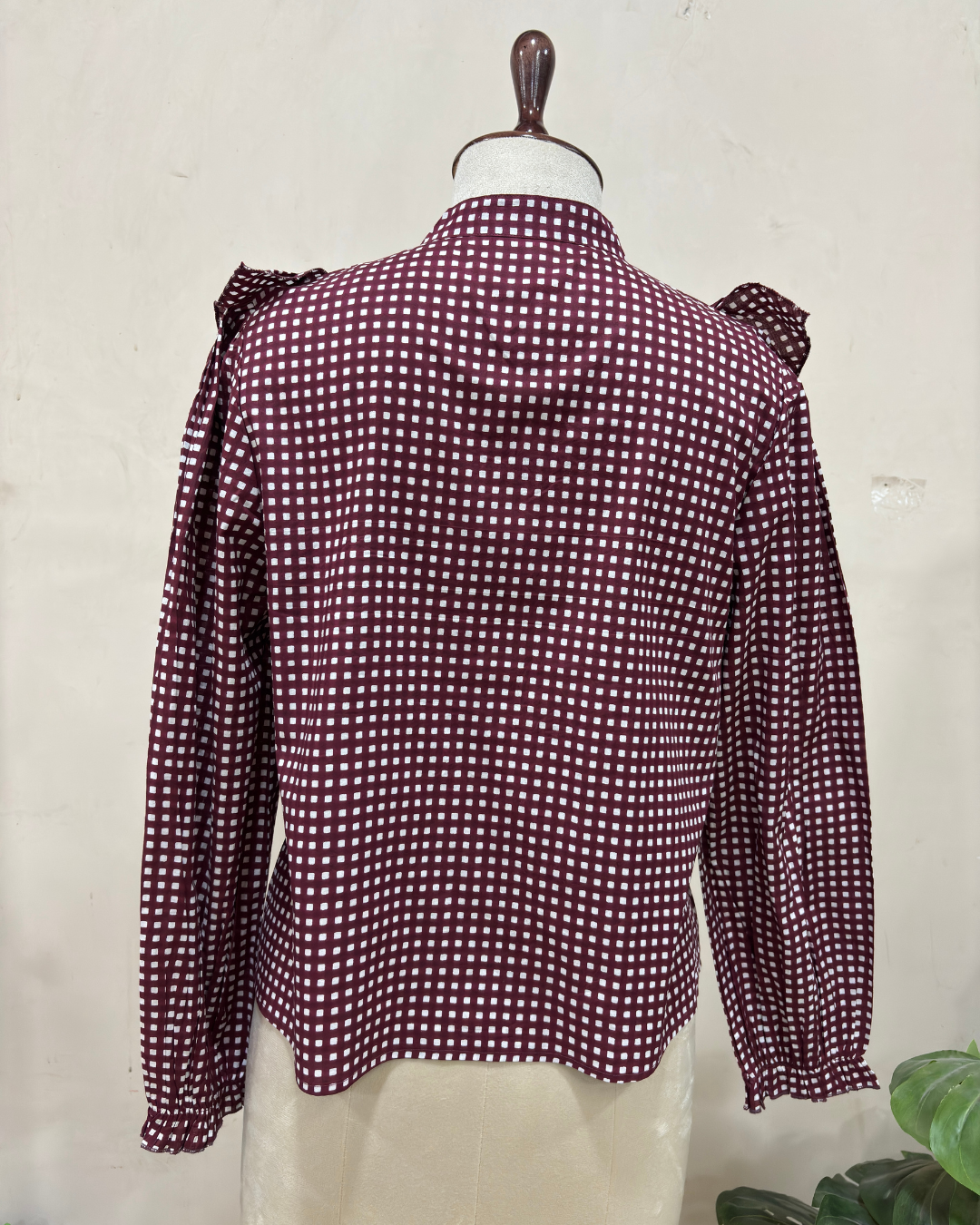 Maroon Checkered Ruffle Detail Top