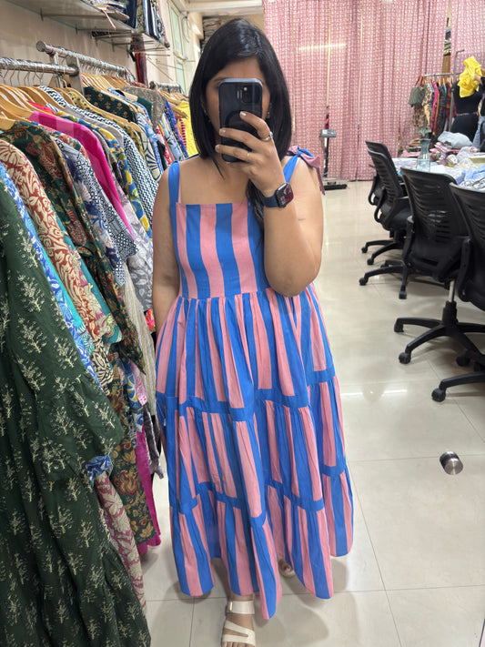 Pink & Blue Striped Tiered Maxi Dress