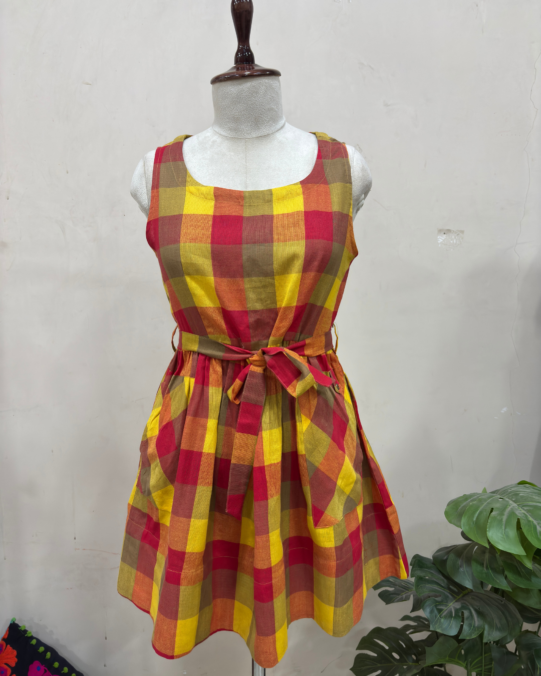 Sunset Plaid Flared Pinafore Dress