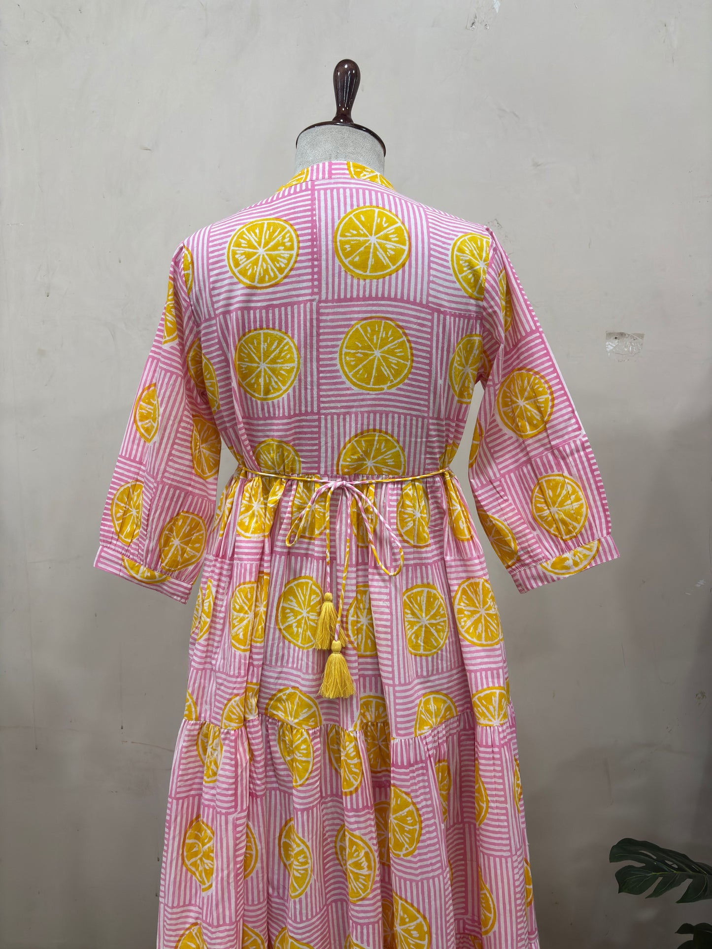 Elegant Lemon Print Tiered Maxi Dress