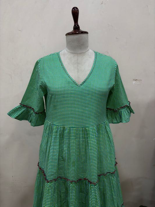 Green Gingham Tiered Midi Dress