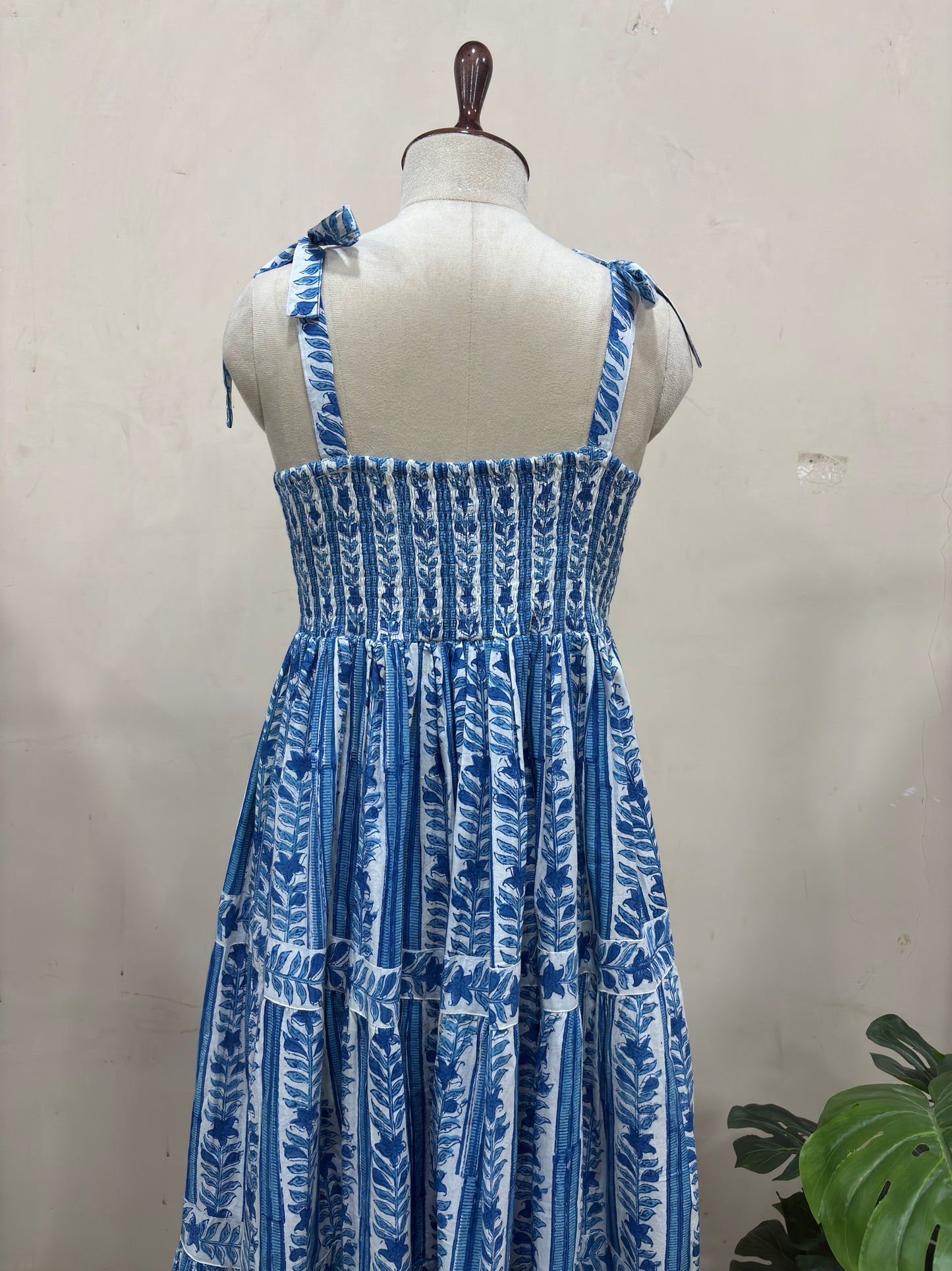 Blue & White Floral Print Tiered Maxi Dress