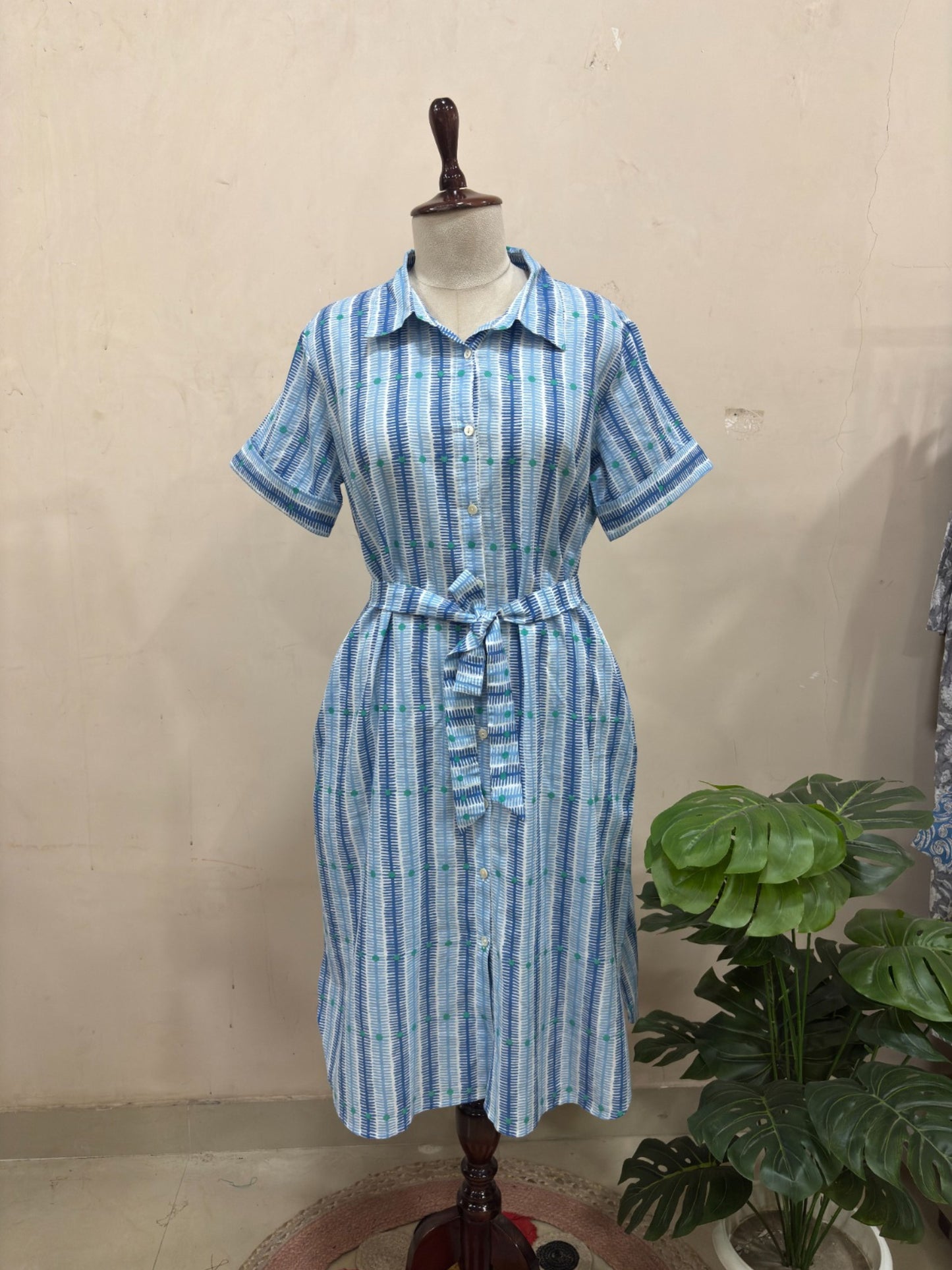 Blue Striped Tie Waist Midi Dress