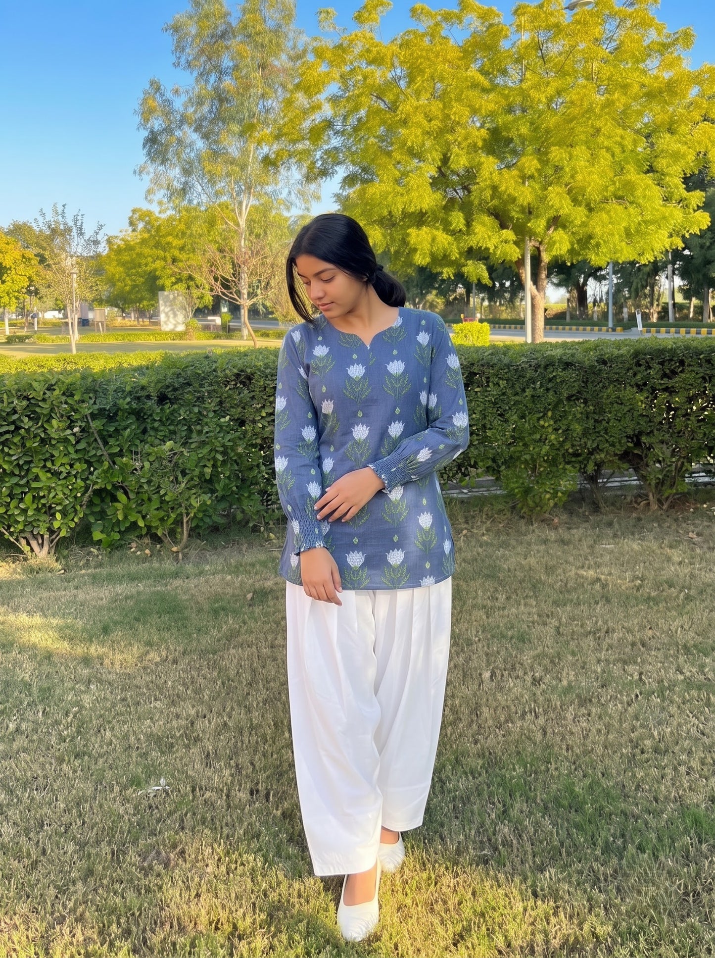 Blue Lotus Print Farshi Salwar Set