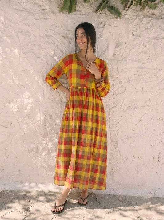 Multicolor Plaid Check V-Neck Maxi Dress