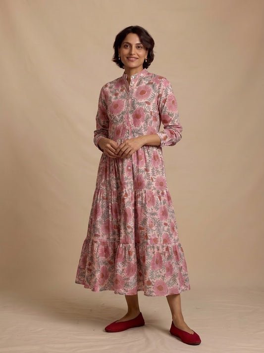 Elegant Pink Floral Printed Midi Dress