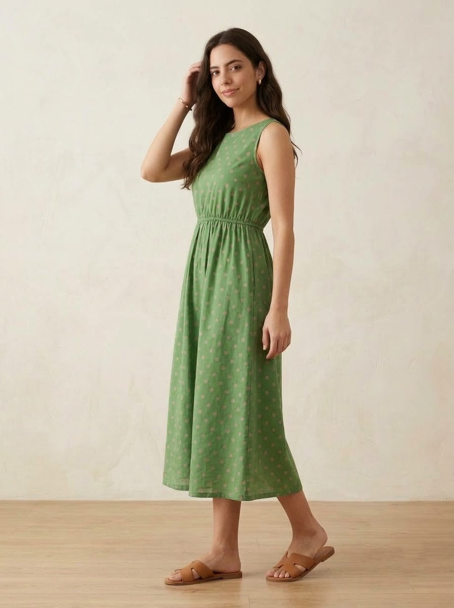 Green & Pink Polka Dot Midi Dress