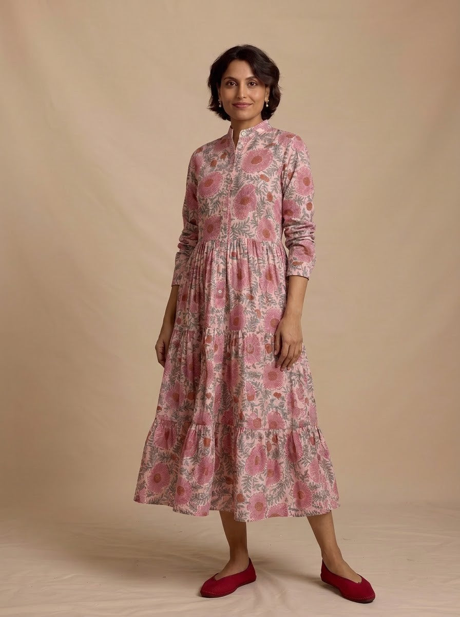 Elegant Pink Floral Printed Midi Dress