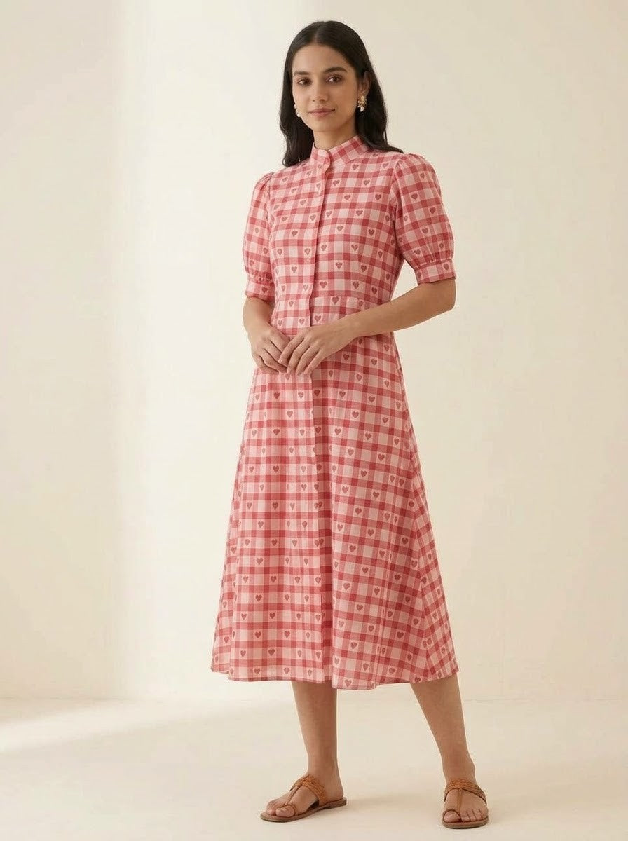 Red & White Heart Printed Gingham Midi Dress