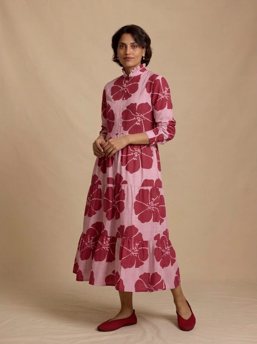 Maroon Floral Striped Tiered Midi Dress