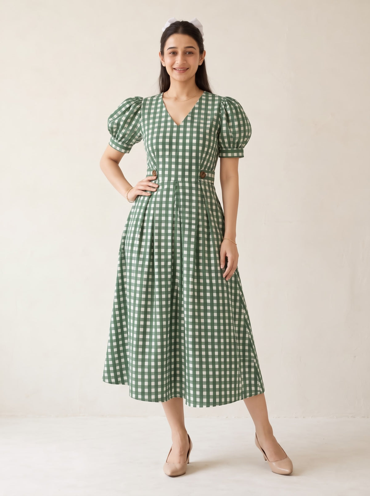 Olive Green Gingham Checked Midi Dress