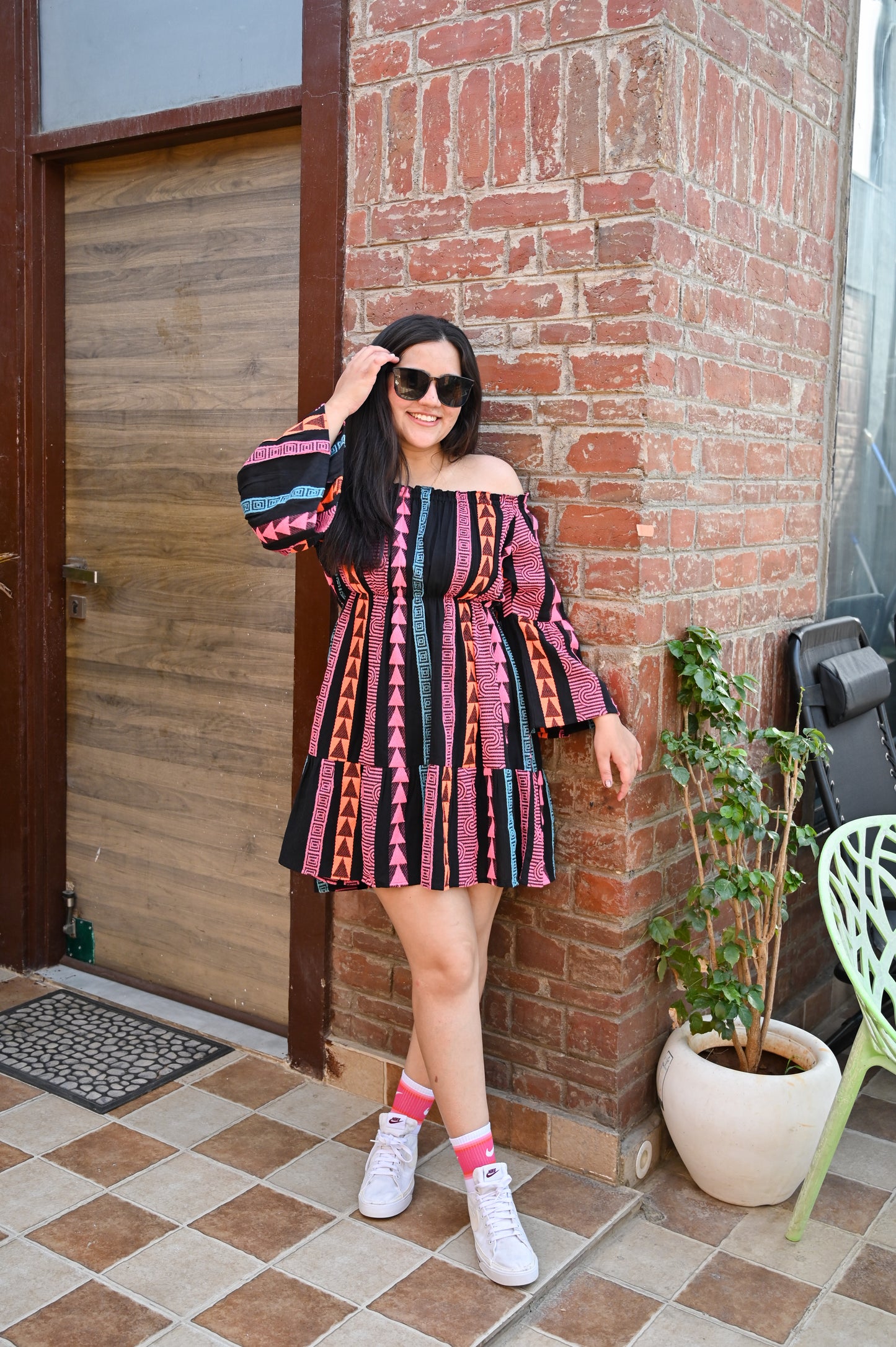 Black Off-Shoulder Printed Mini Dress