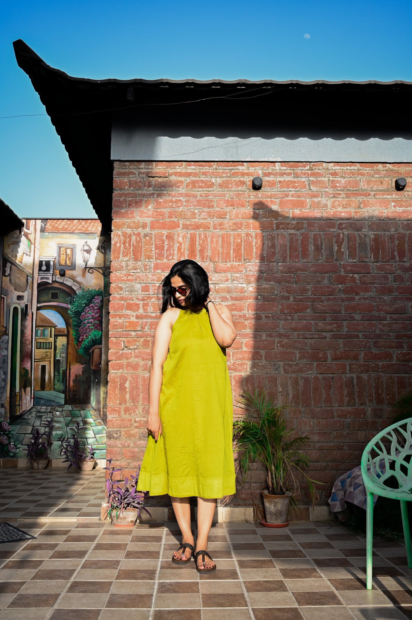 Lime Zest Halter Neck Flared Dress