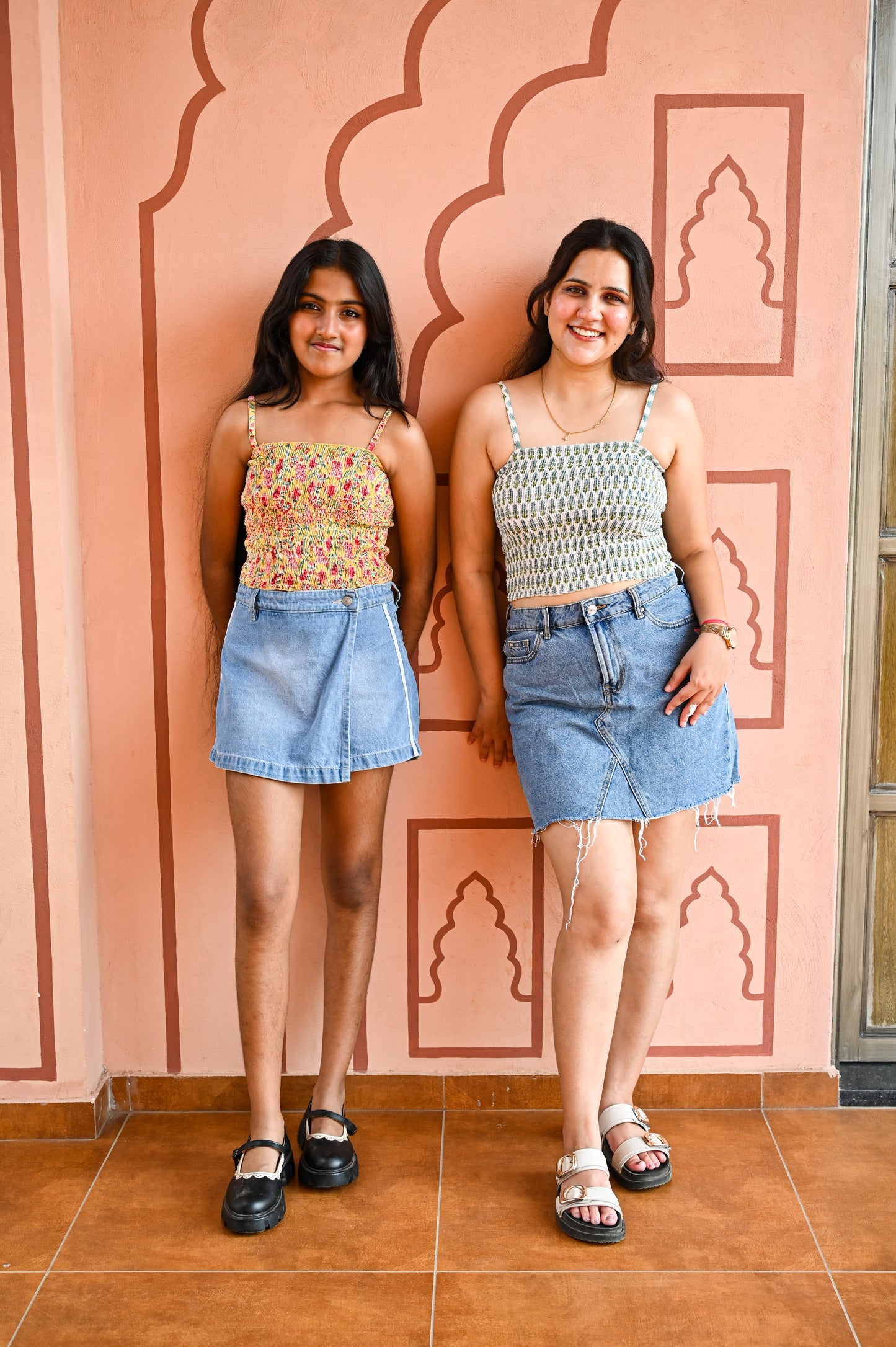 Green & White Printed Smocked Crop Top