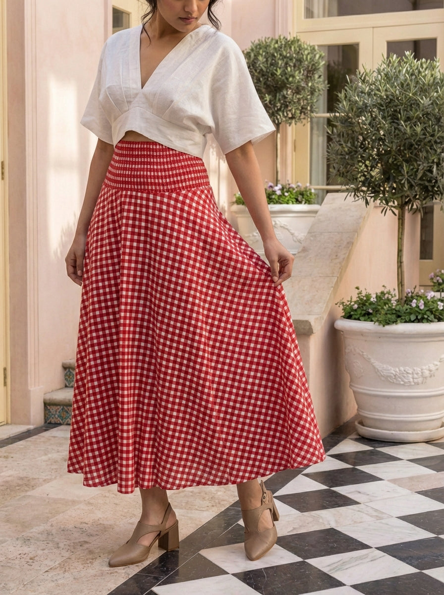 Rosso Gingham Flare Skirt with Ivory Top Set