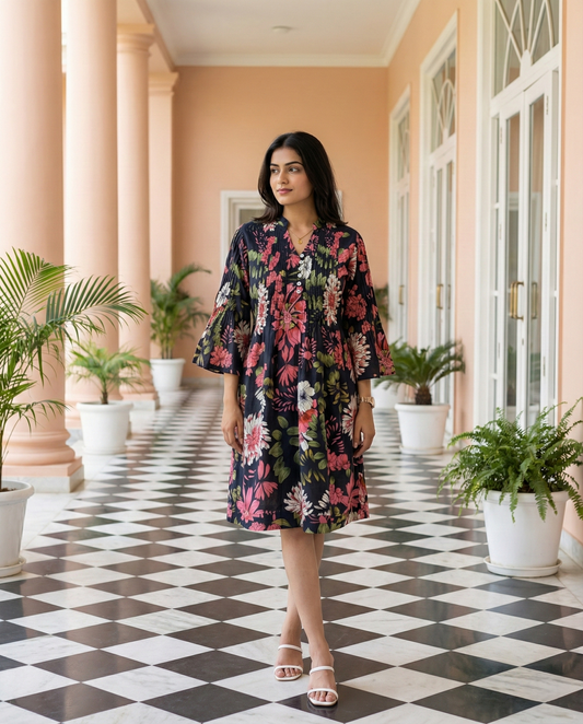 Black Floral Printed Mini Dress