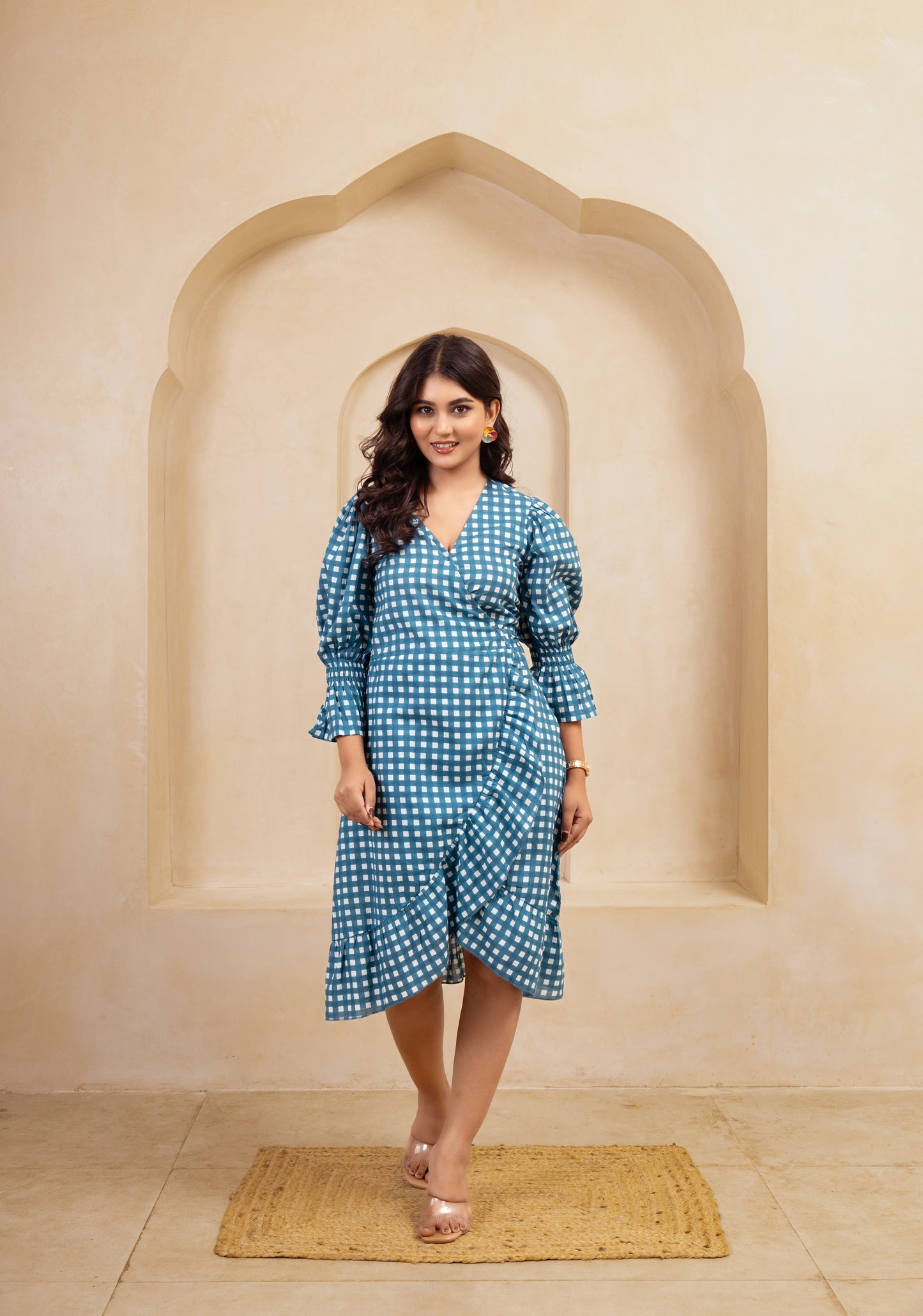 Teal Check Wrap Dress