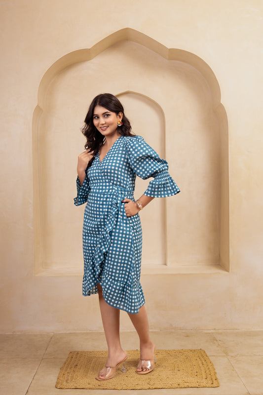 Teal Check Wrap Dress