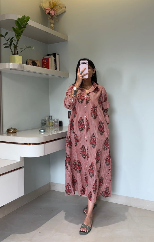 Rosewood Bloom Striped Maxi Shirtdress