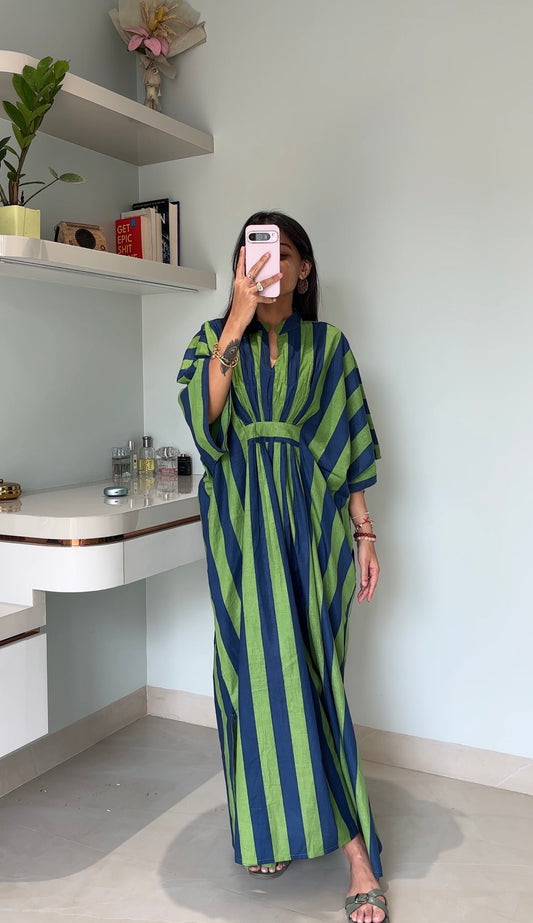 Green & Blue Striped Kaftan Dress
