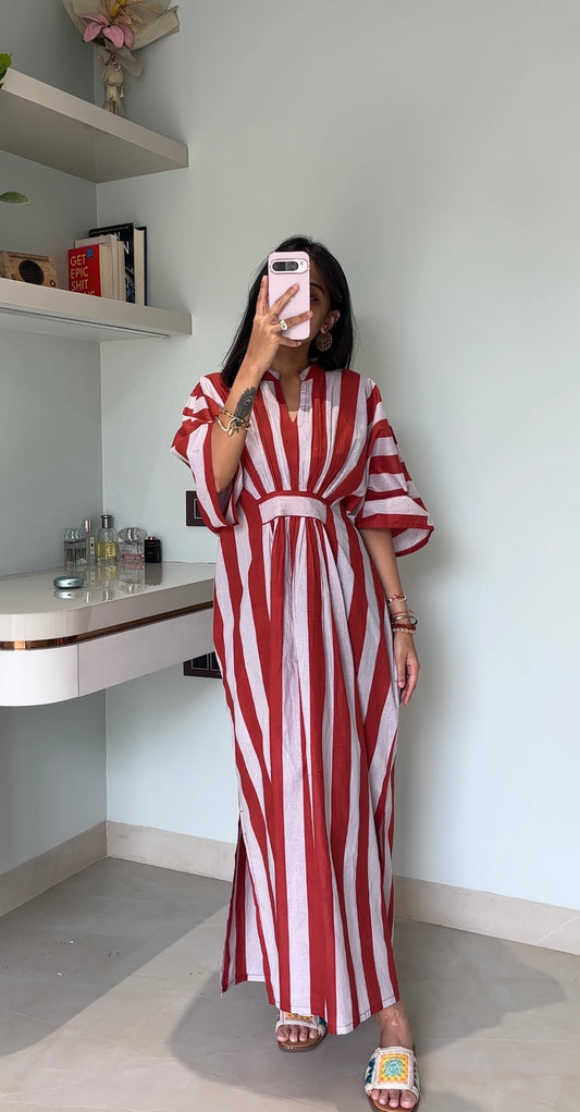 Red & White Striped Kaftan Dress