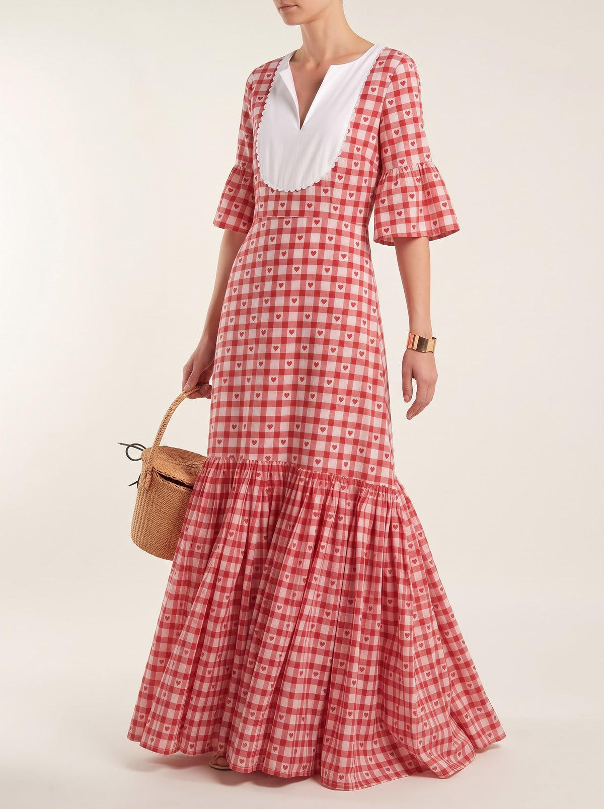 Red Heart Gingham Scalloped Maxi Dress