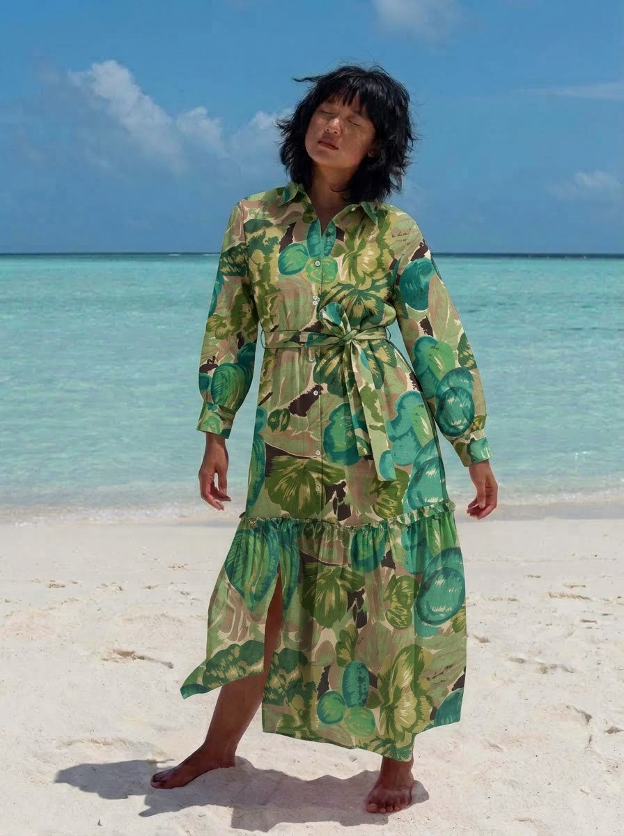 Olive & Emerald Green Tropical Printed Midi Dress