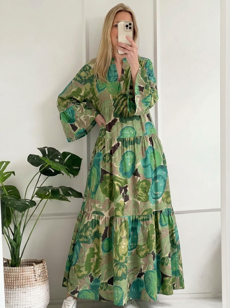Olive & Emerald Green Tropical Leaf Printed Tiered Maxi Dress
