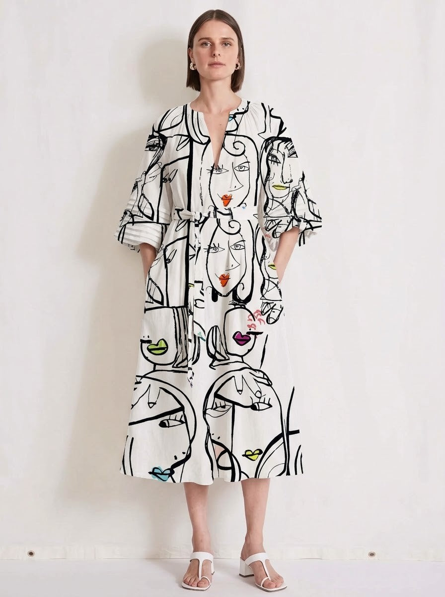 White & Black Abstract Art Face Printed Midi Dress