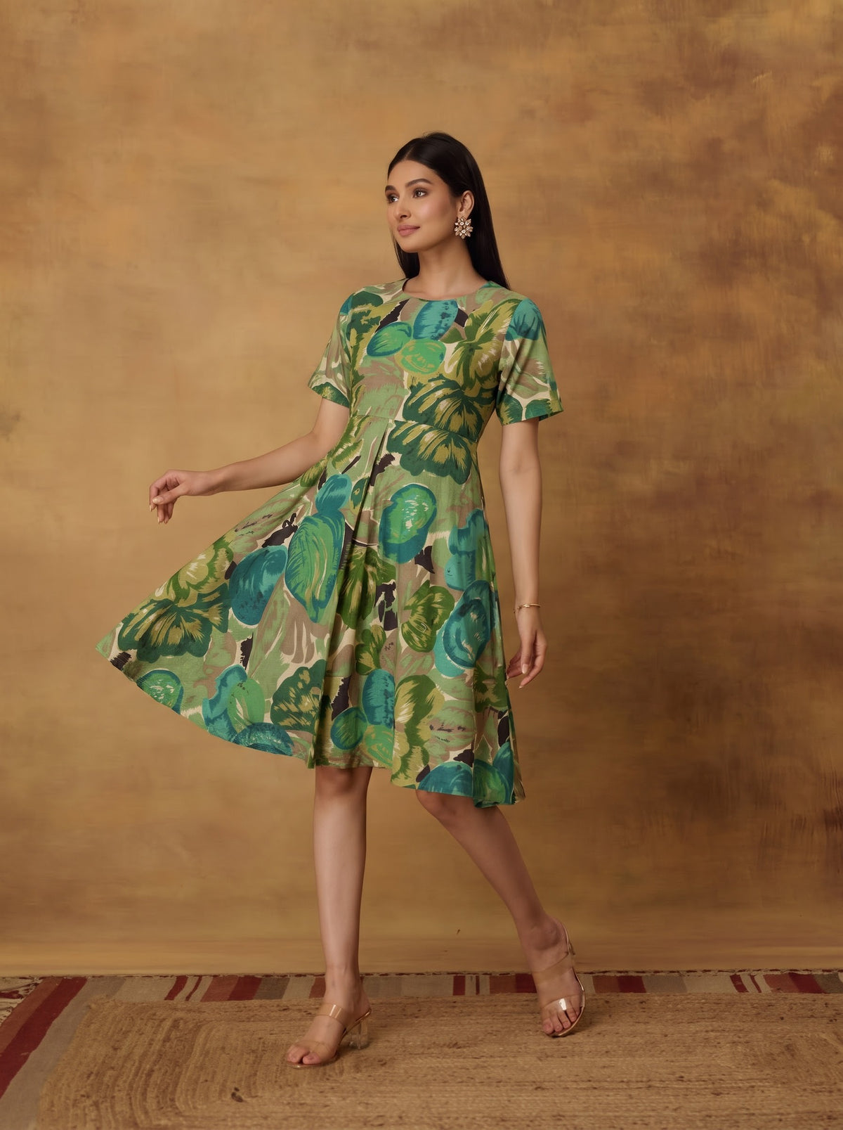 Green Floral Leaf Print Flared Dress