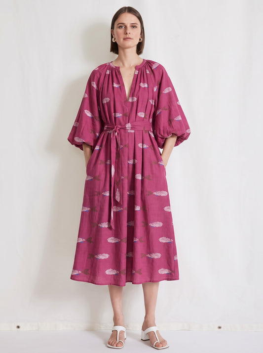 Magenta Pink Printed Belted V-Neck Midi Dress