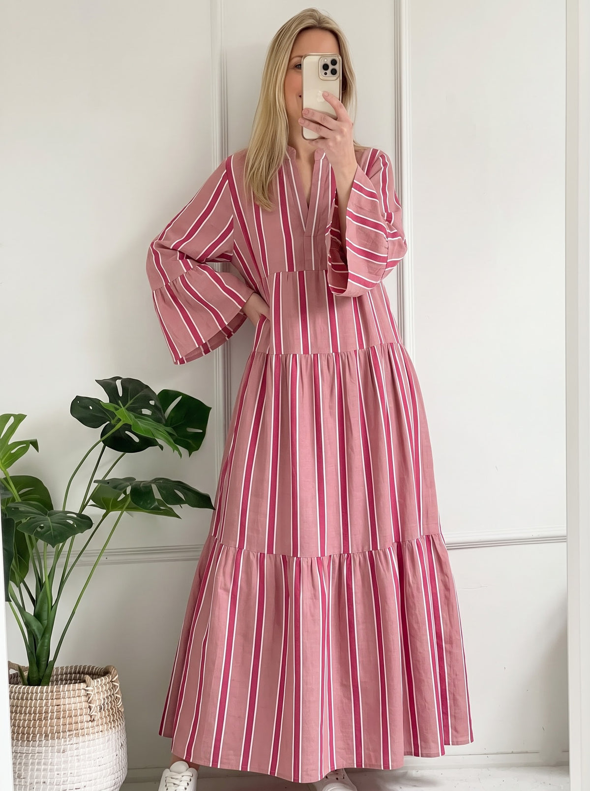 Dusty Pink & Magenta Striped Tiered Maxi Dress