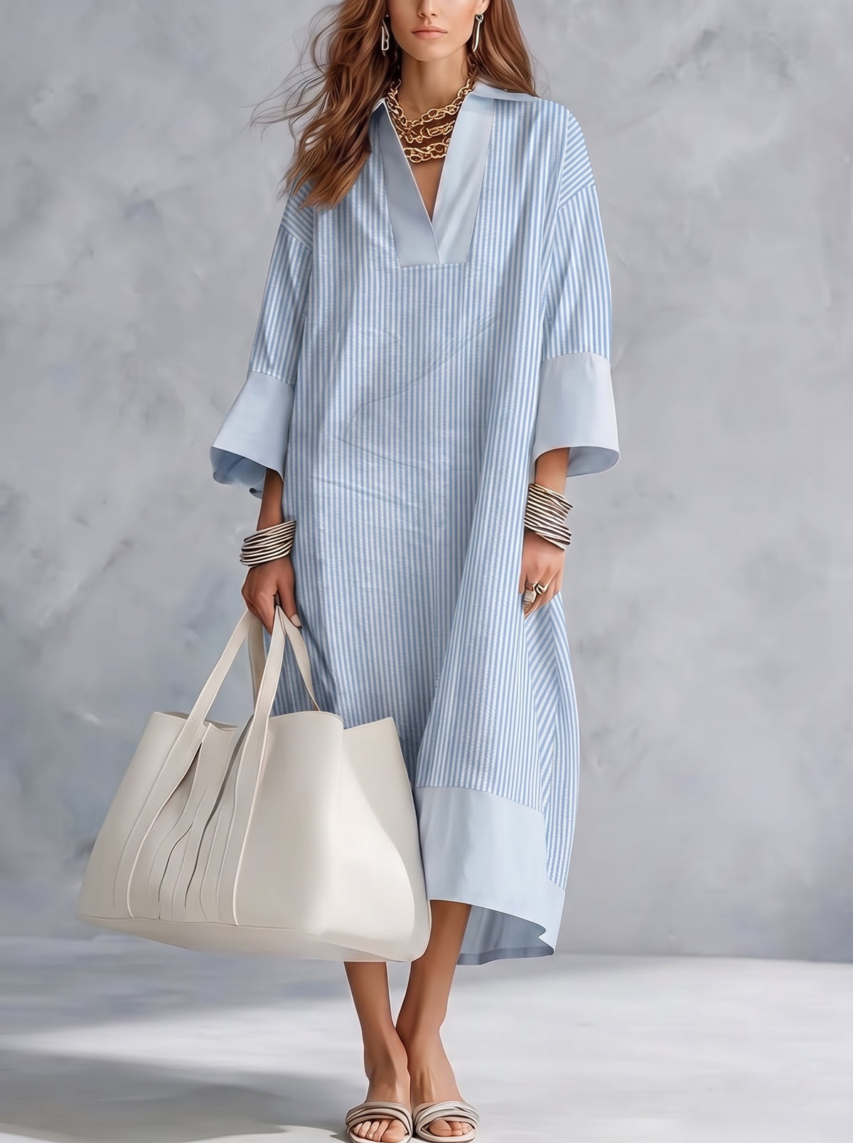 Sky Blue Vertical Pinstripe Tunic Dress