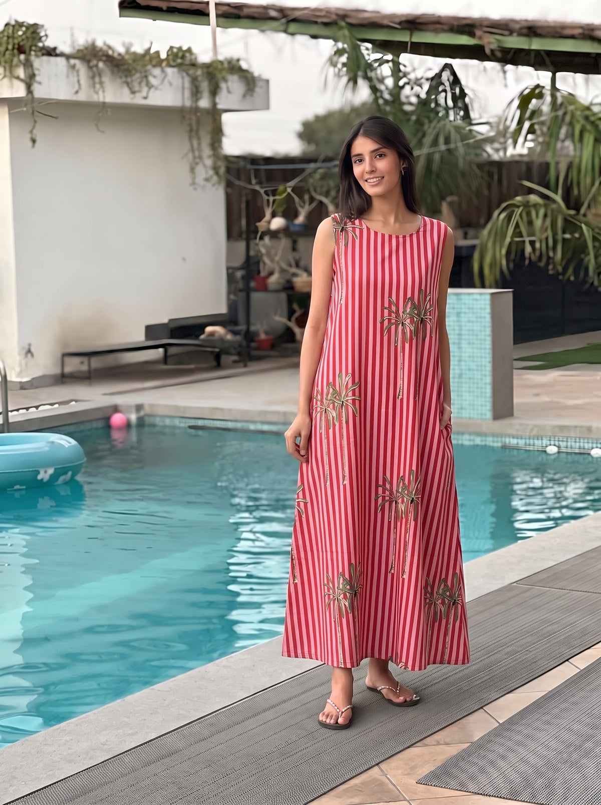 Pink Tropical Palm Tree Striped Maxi Dress