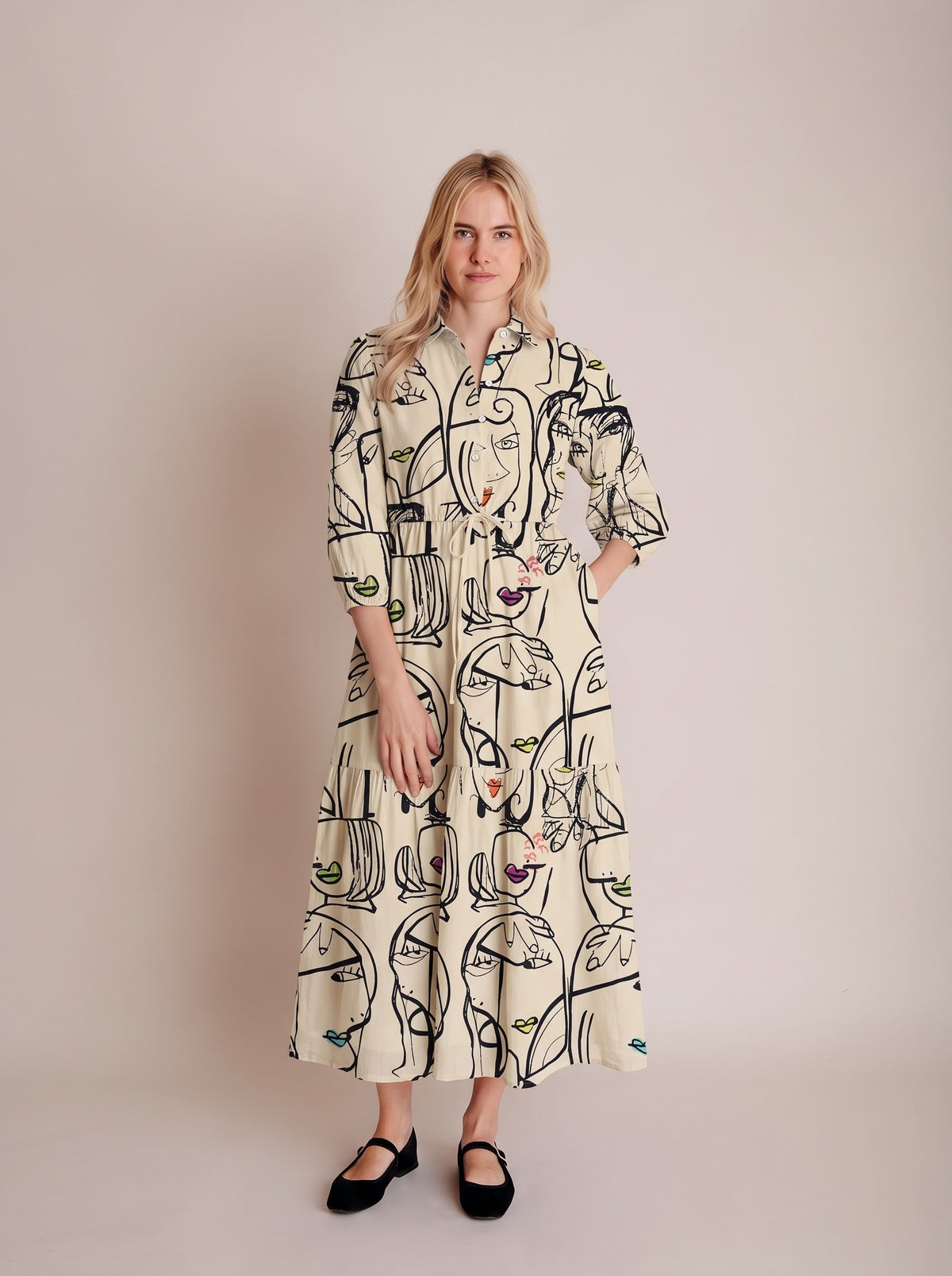 Cream & Black Abstract Art Face Printed Shirt Dress