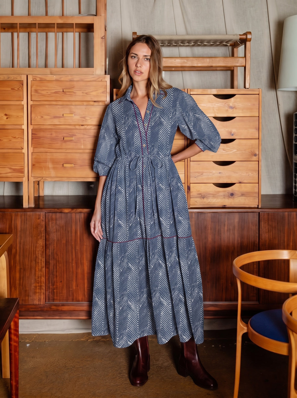 Slate Blue Geometric Chevron Tiered Maxi Dress
