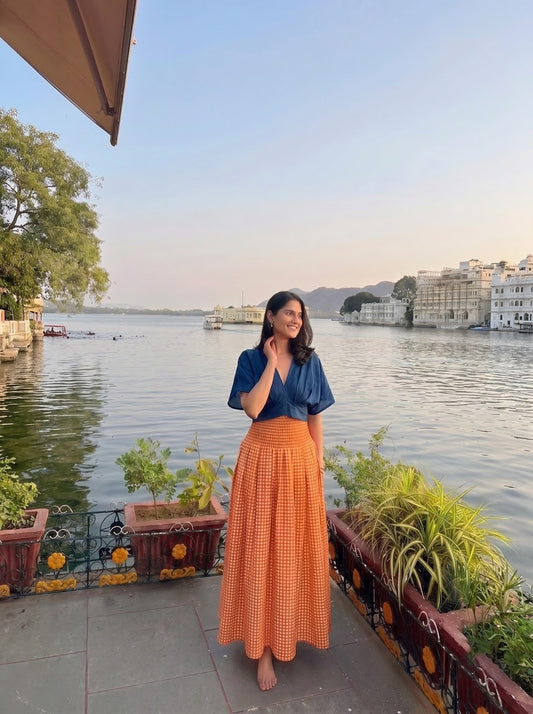 Orange Checkered Skirt Top Set