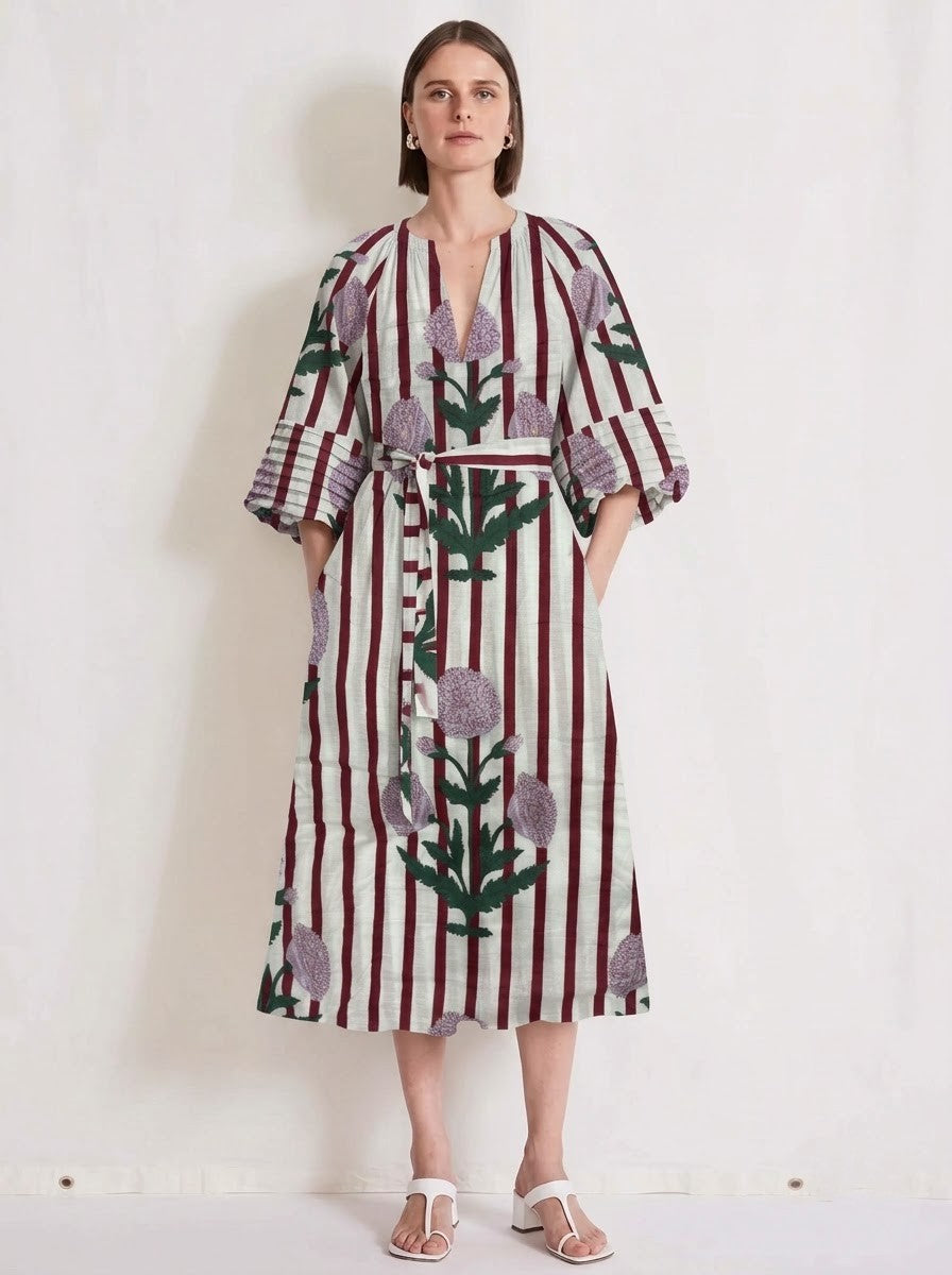 Maroon Striped & Lavender Floral Printed Midi Dress