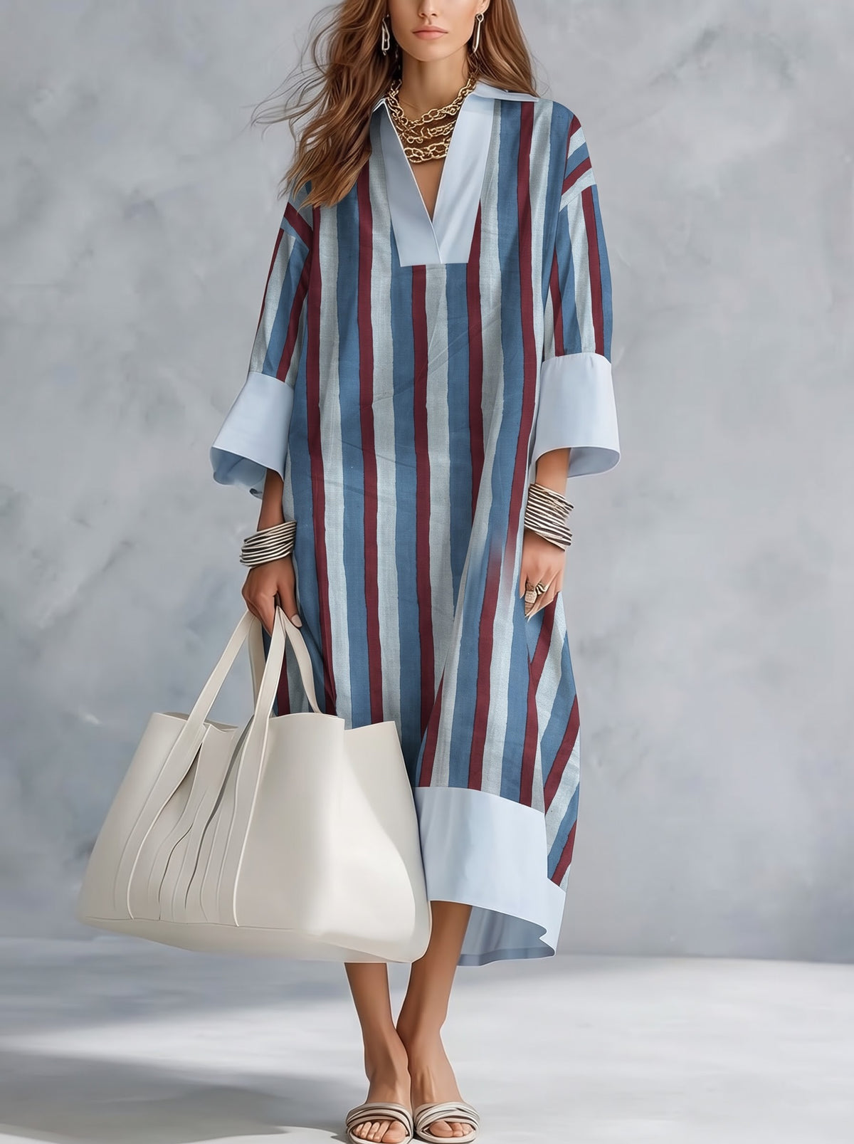 Blue & Maroon Vertical Striped Maxi Dress