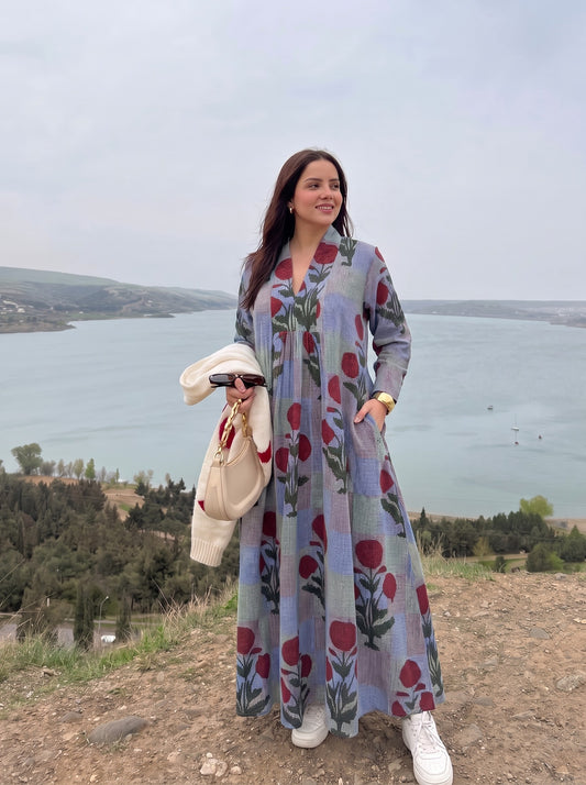 Azure Bloom Printed Maxi Dress