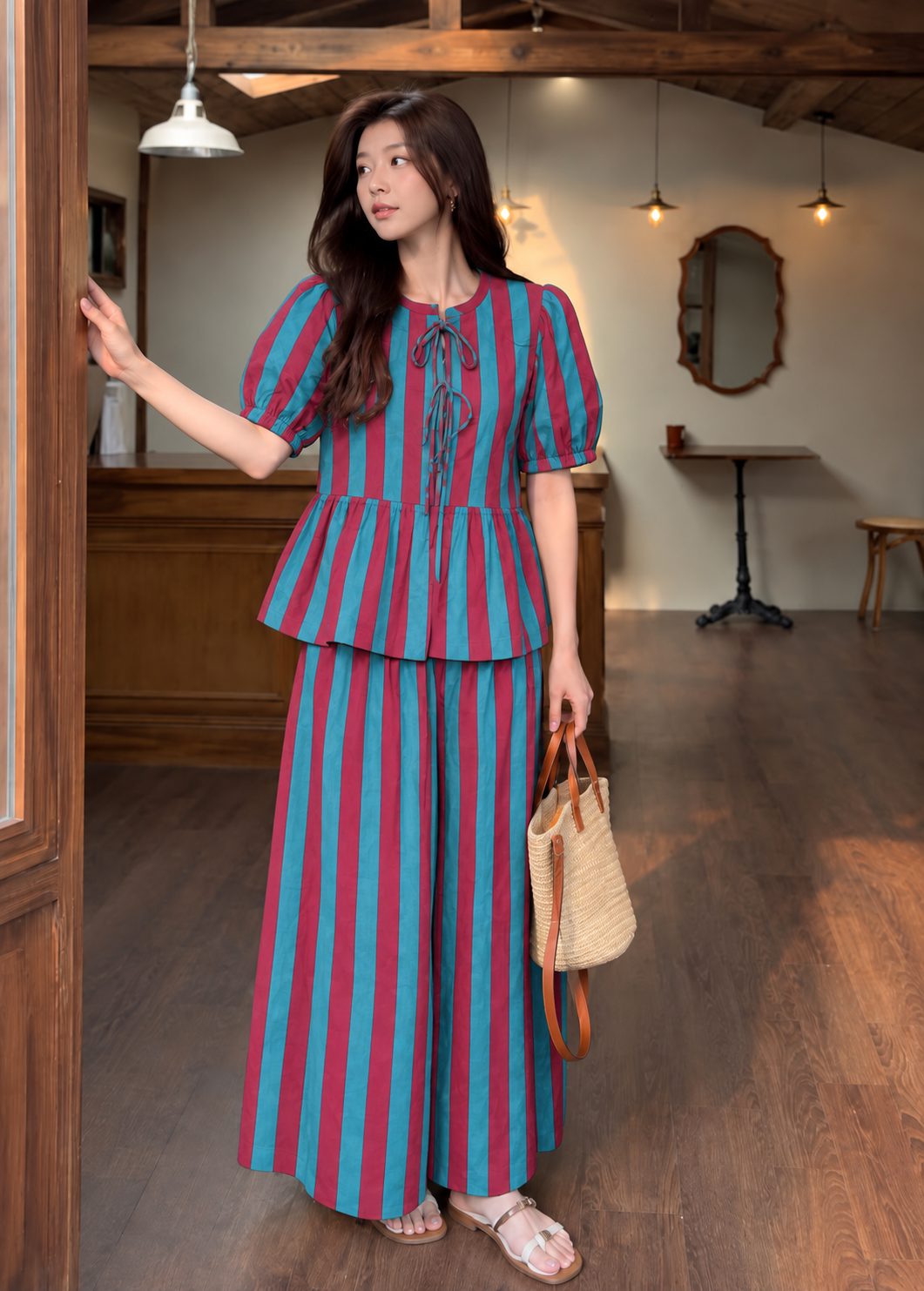 Teal and Magenta Striped Peplum Wide-Leg Co-ord Set