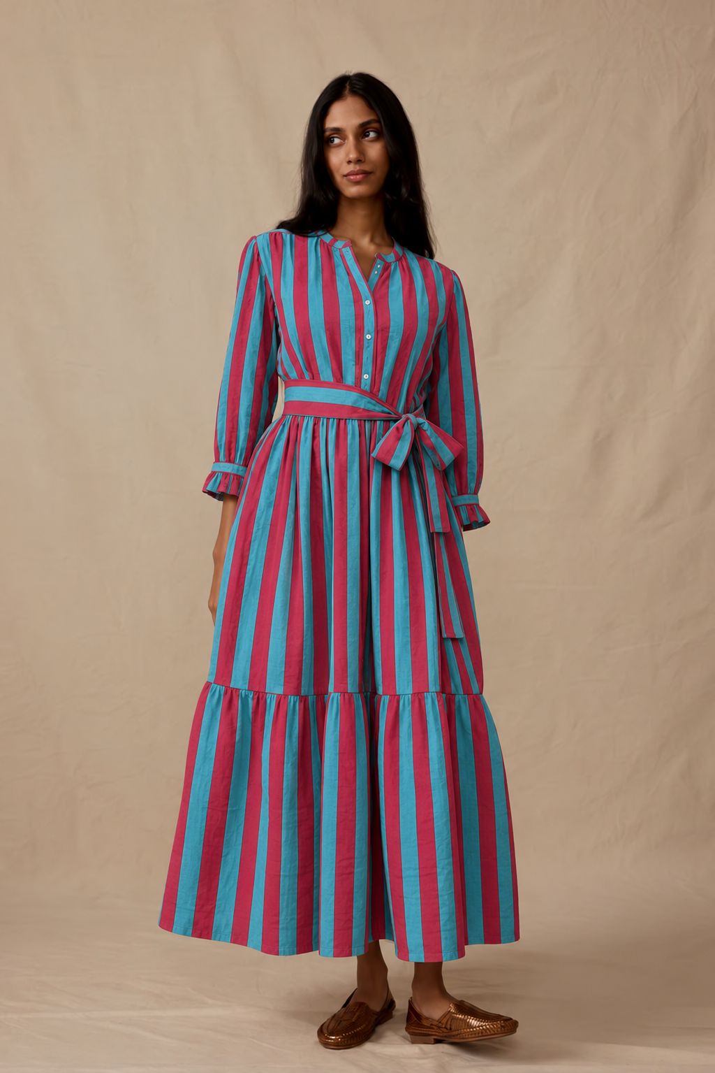 Teal and Magenta Striped Belted Shirt Maxi Dress