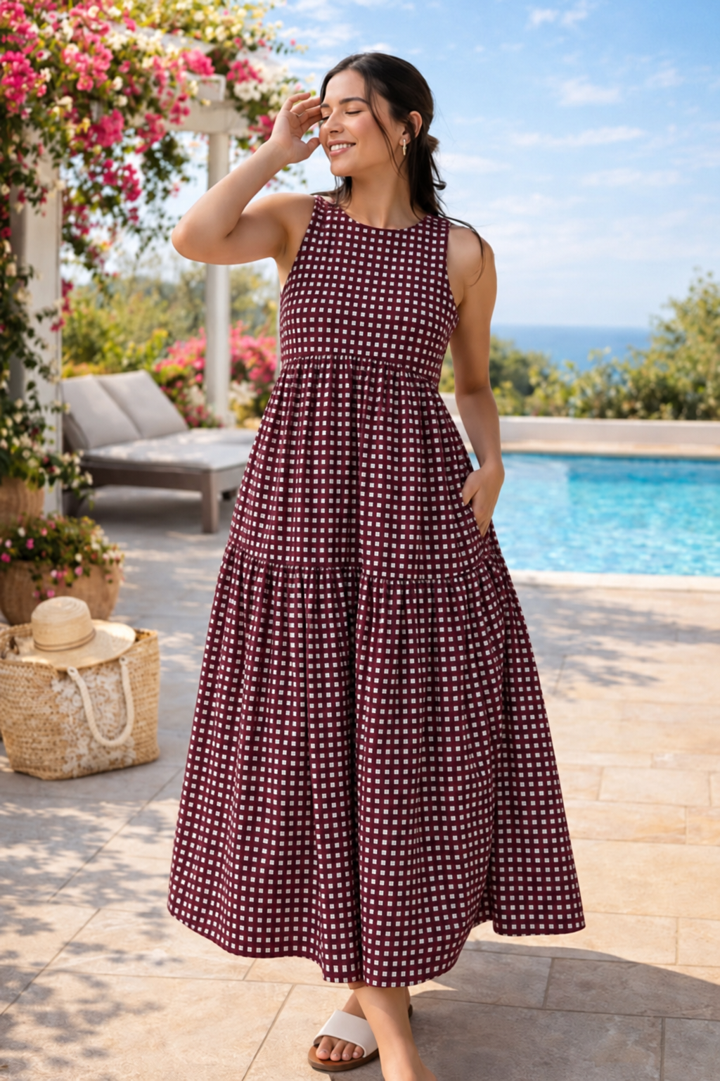 Maroon Mini Check Sleeveless Tiered Maxi Dress