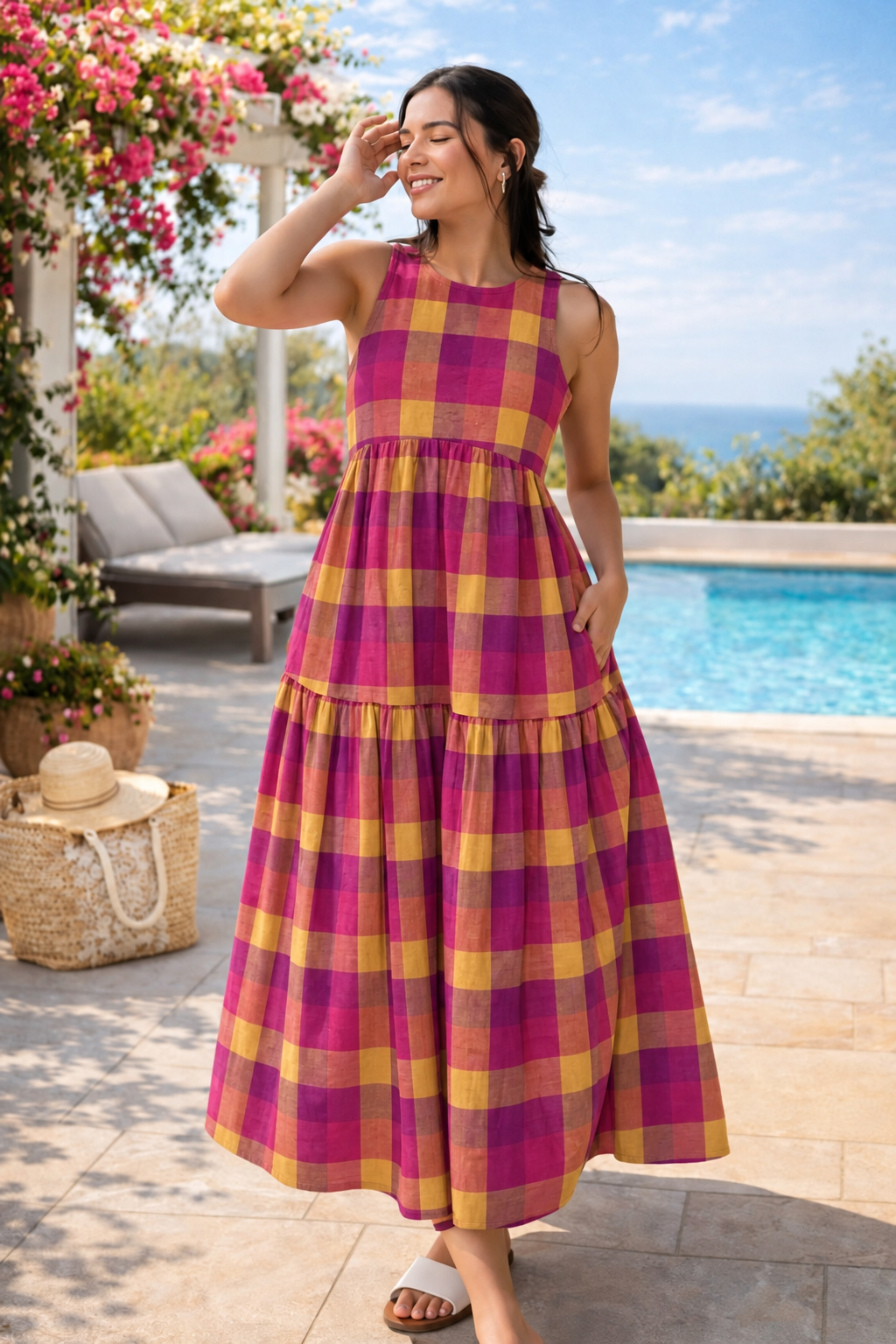 Magenta and Mustard Checked Sleeveless Tiered Maxi Dress
