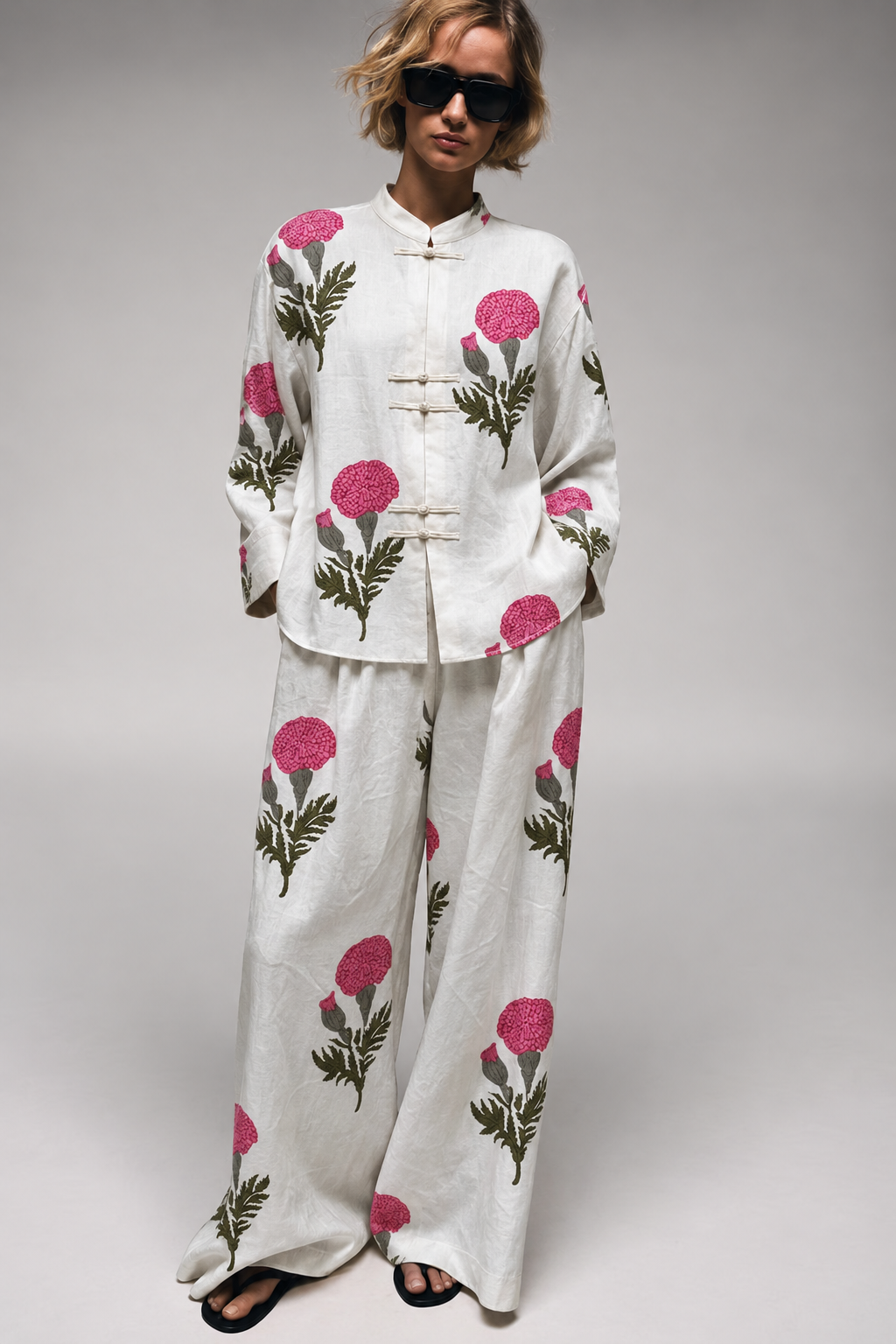 White and Pink Floral Frog-Button Wide-Leg Co-ord Set