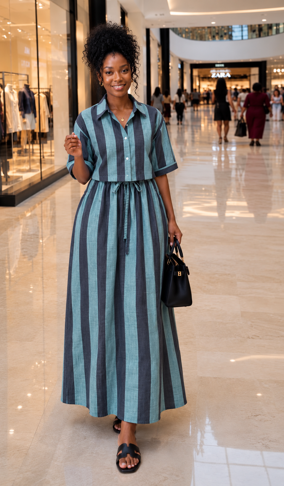 Aqua and Charcoal Striped Cropped Shirt and Maxi Skirt Set