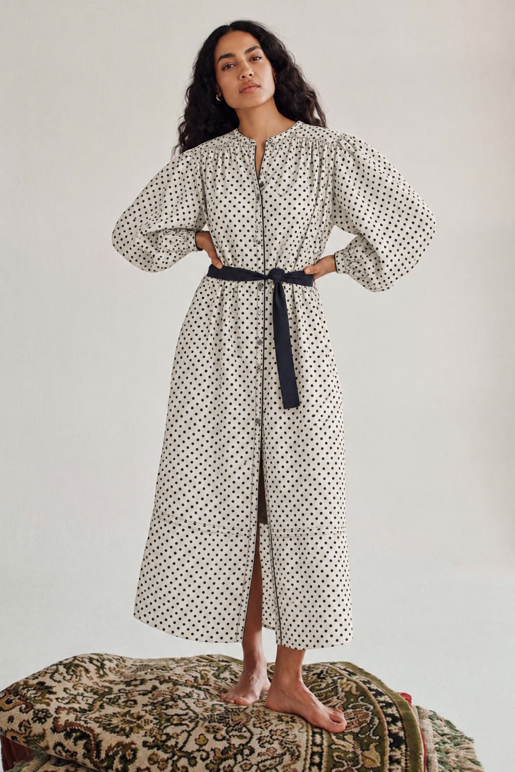 Cream and Black Polka Dot Belted Long Shirt Dress